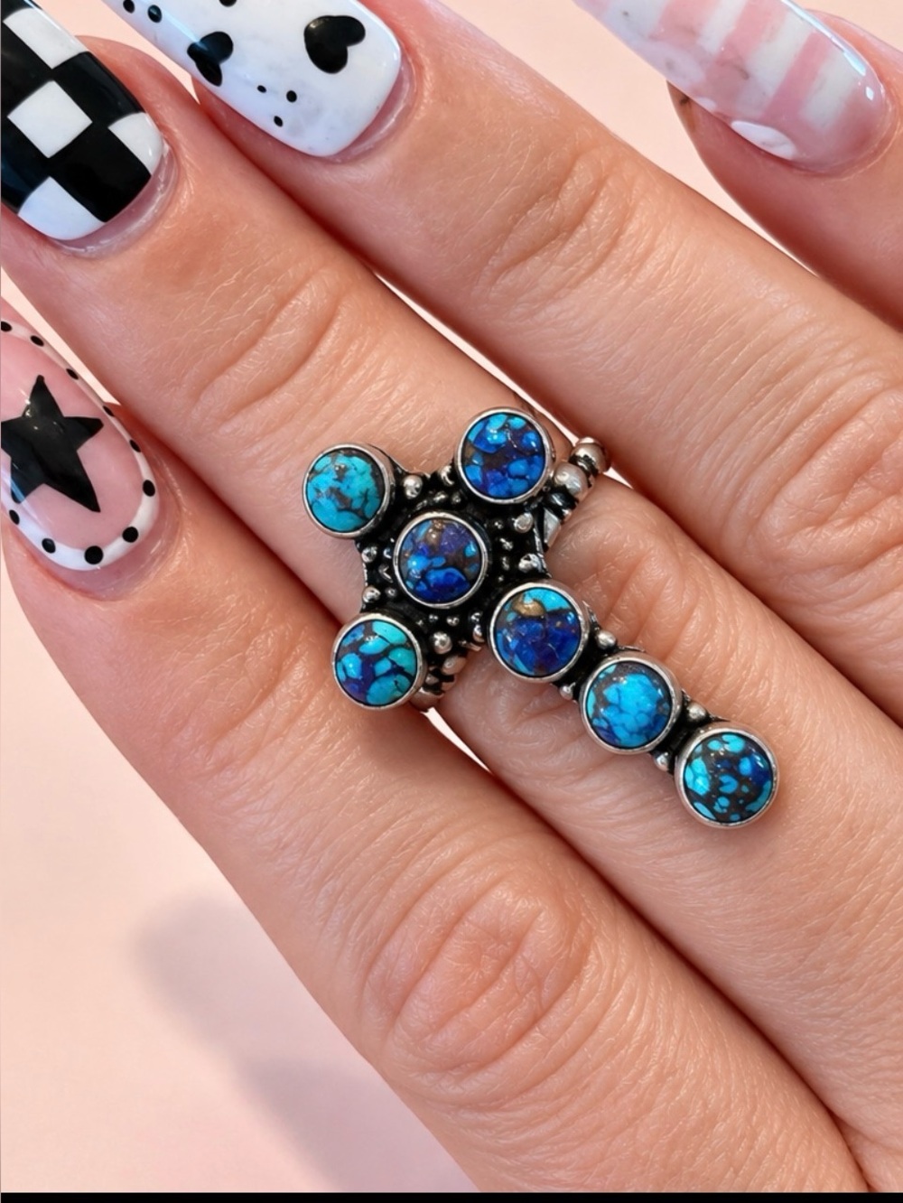 Blue Turquoise Look Cluster Statement Ring Size 8 Silver Tone Boho